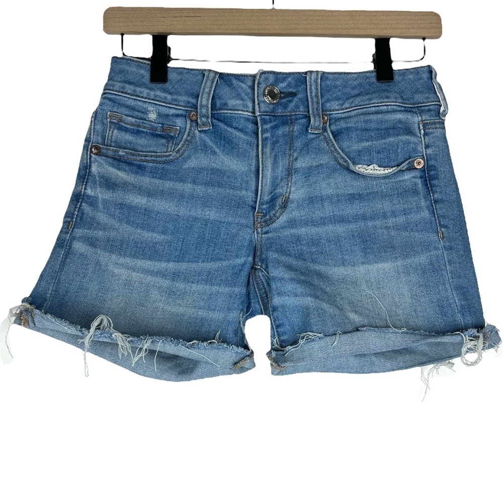 AMERICAN EAGLE Midi Jean Shorts Distressed Cut Off Super Super Stretch Size 4